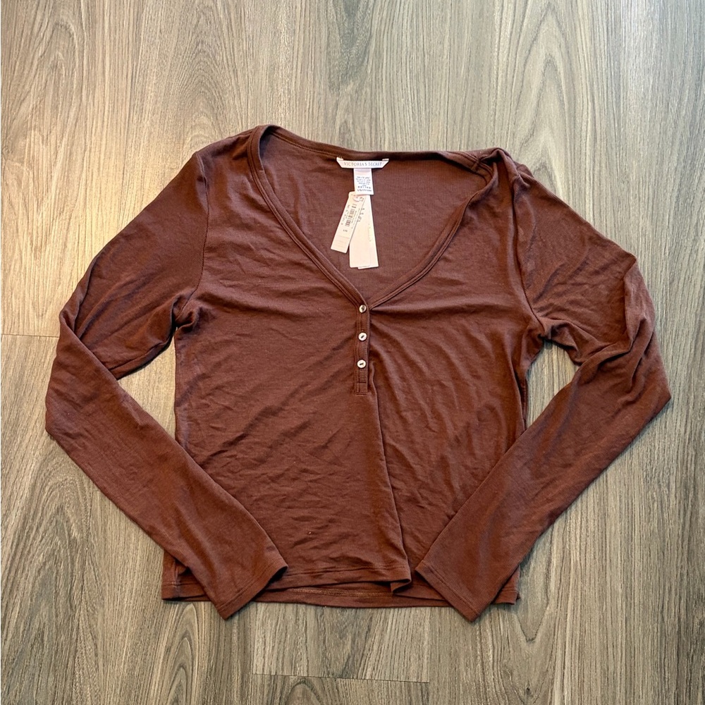 Victoria Secret Women's Modal Long Sleeve Henley Top - Brown - Size L
